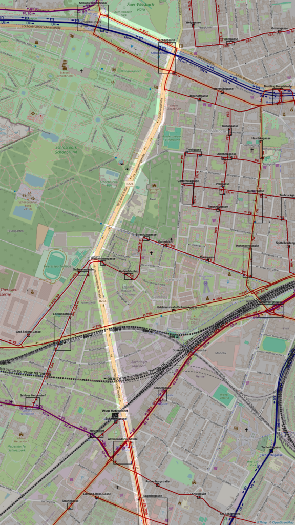 Ausschnitt aus der OpenStreetMap mit den Linien des öffentlichen Verkehrs angezeigt. Der Hintergrund ist ausgegraut, nur die geplante Strecke ist hell hervorgehoben.